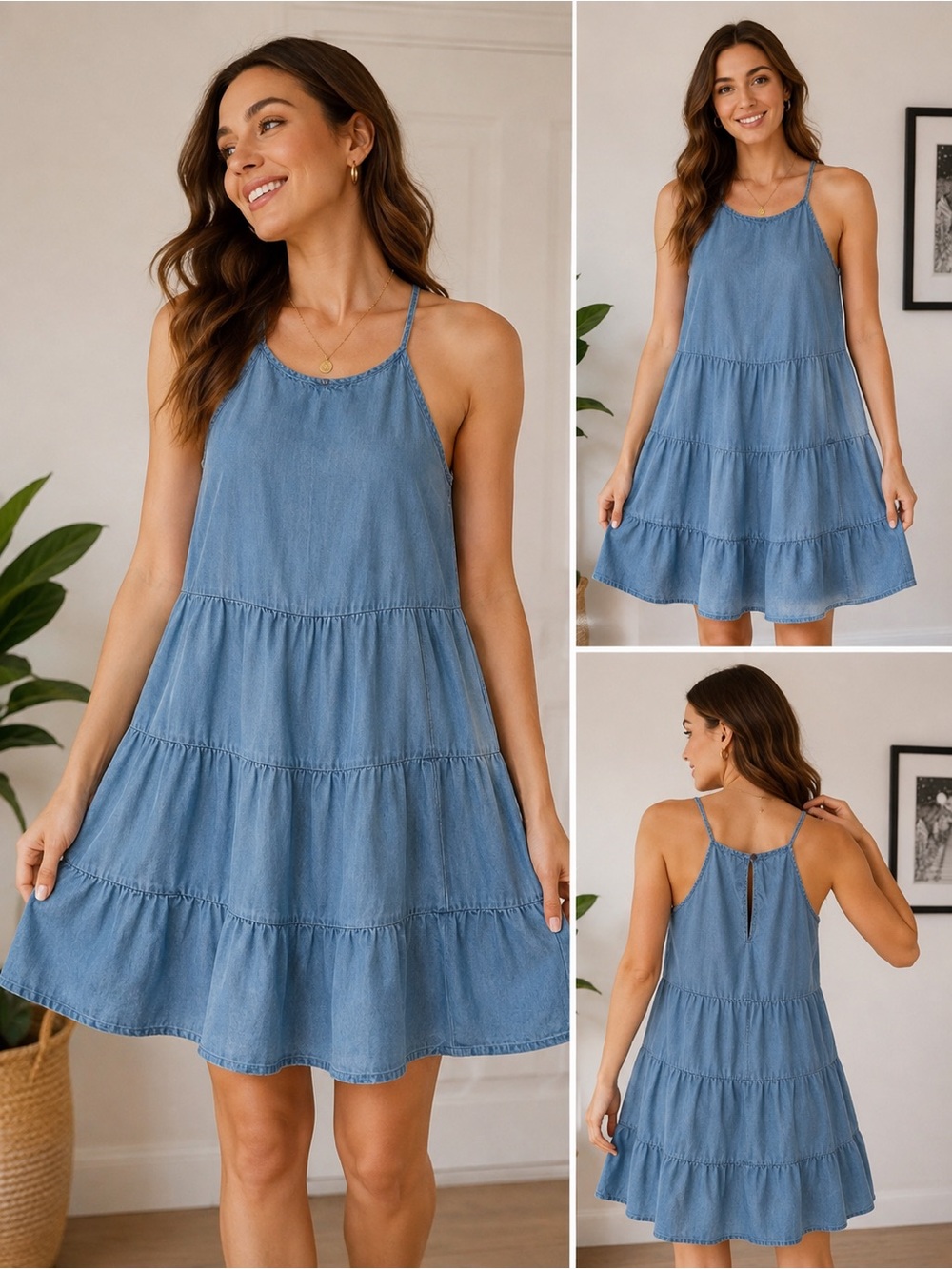 Japna Blue Tiered Spaghetti-Strap Dress